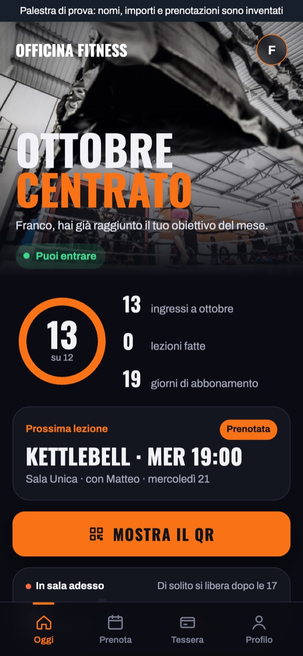 Oggi: gli ingressi del mese rispetto all'obiettivo e la prossima lezione